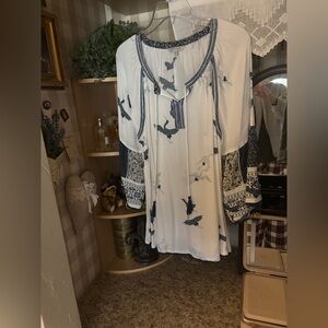 John Mark White and Navy Bird Print Blouse